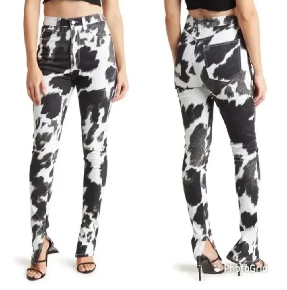 WE WORE WHAT | WOMENS SZ 25 BLK WHT COW PRINT DENIM Stiletto Slit Jeans |NWT